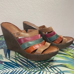 Born multi-colored straps high heel slides, size 8
